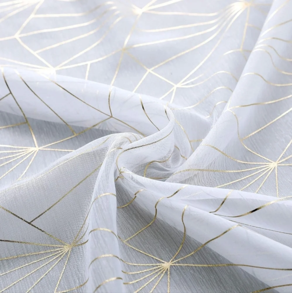 White Sheer Curtains With Gold Foil Geometric Pattern H63